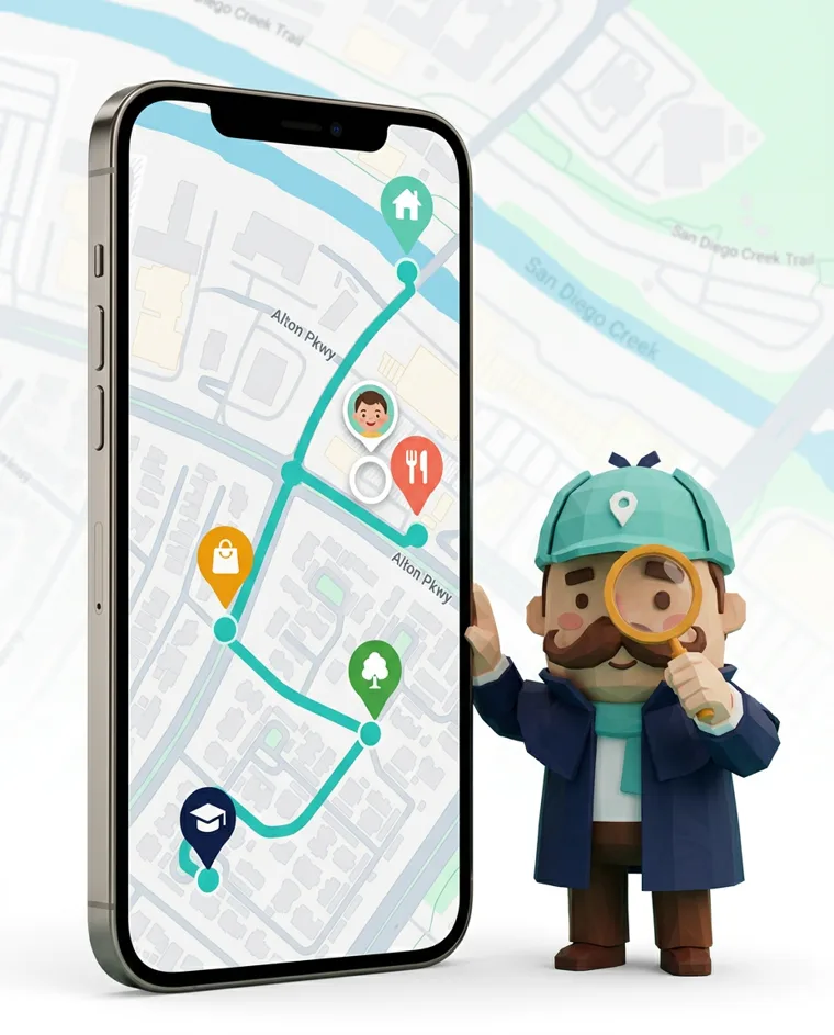 Sher the detective next to a phone showing a family map with a route home